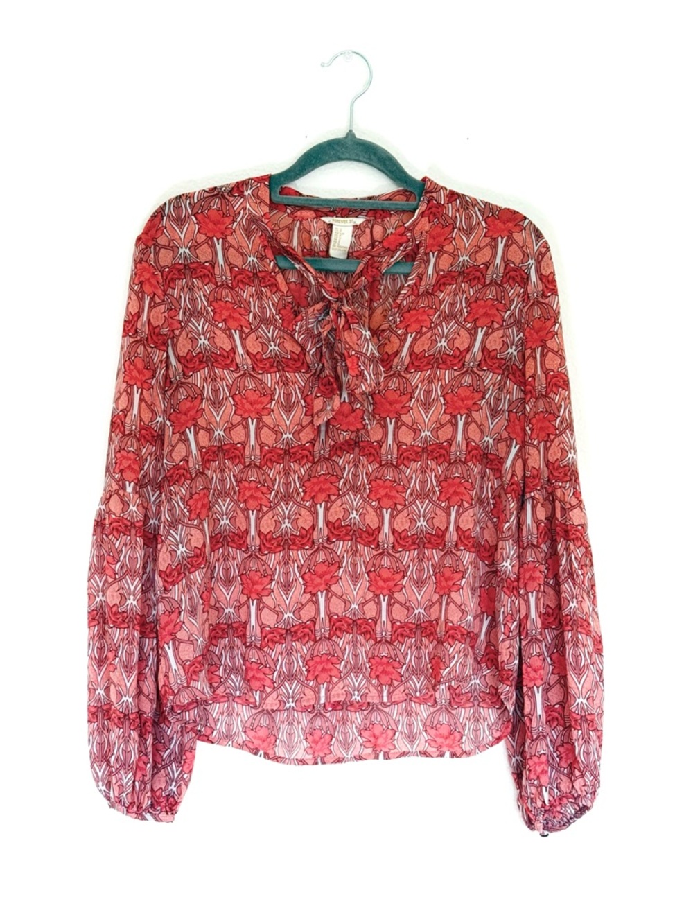 Red Floral Balloon Sleeve Blouse Tie Neck Size S